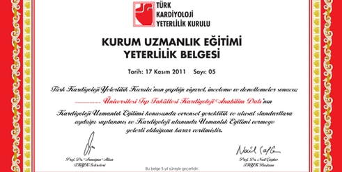 2012 yılı için Kardiyoloji Uzmanlık Eğitim Programı ve Kurumları Yeterlilik Belgesi için kurum başvuruları 1 Haziran 2012